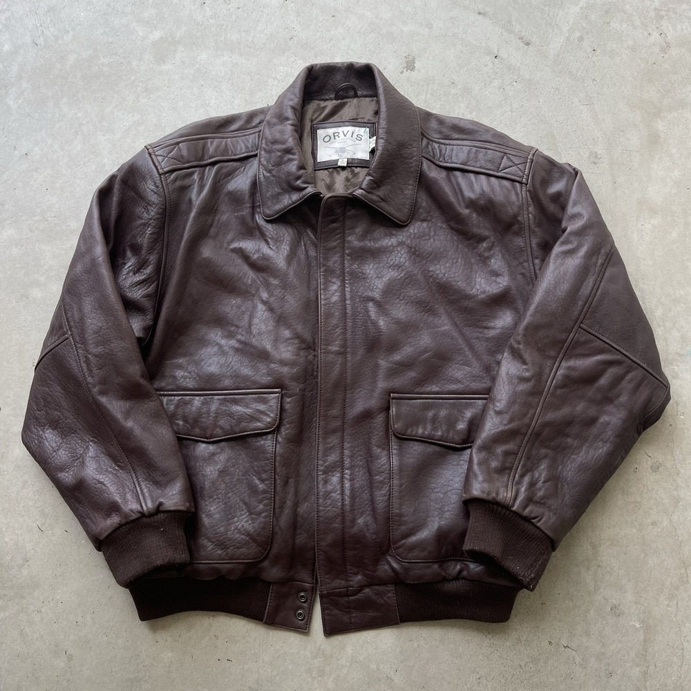 Men's Orvis Lambskin Leather Bomber Jacket Flight A-2 XL Brown Zip Coat Flaw
